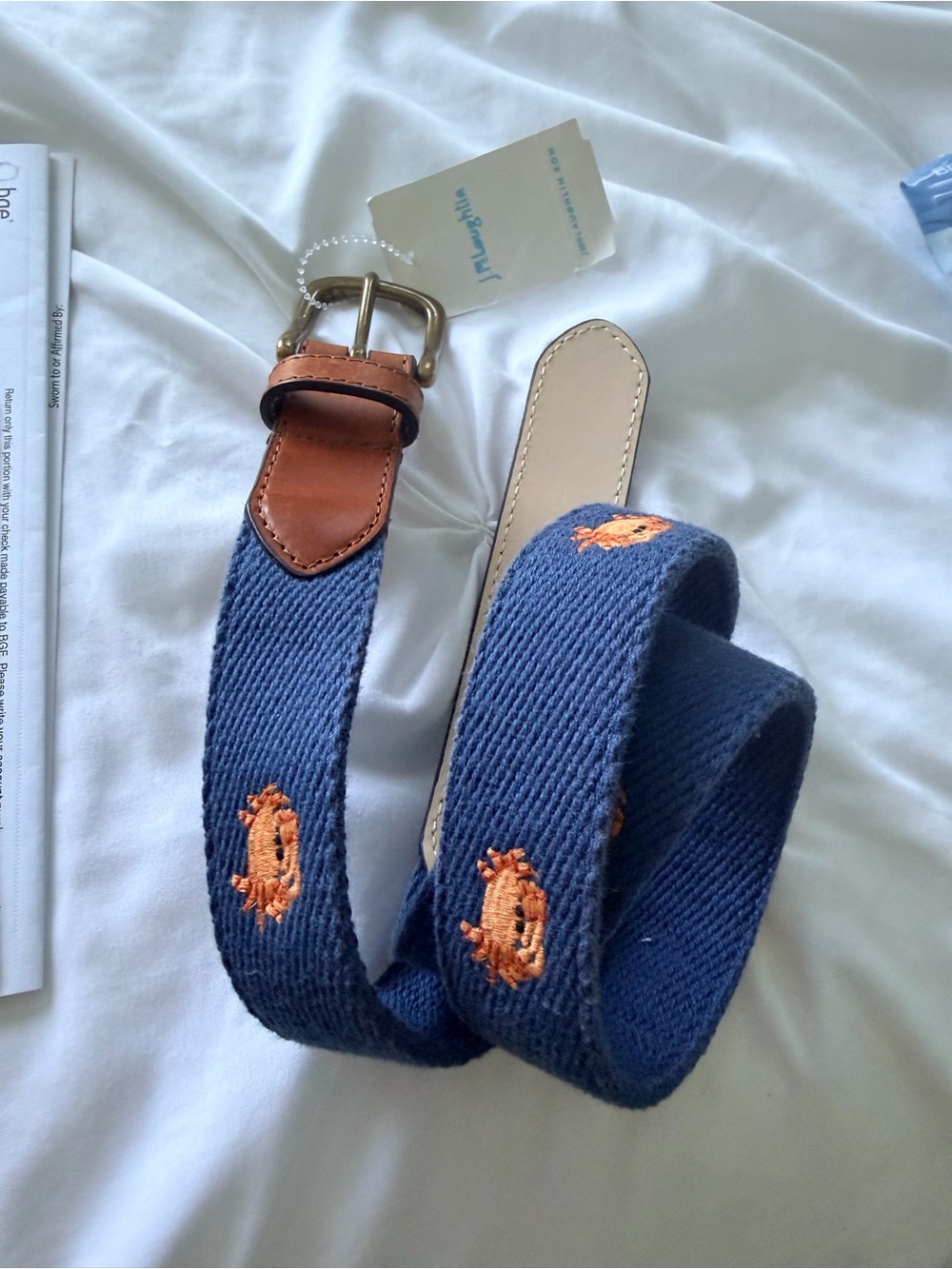 J. McLaughlin Navy Woven Belt with Orange Crab Embroidery- kids L